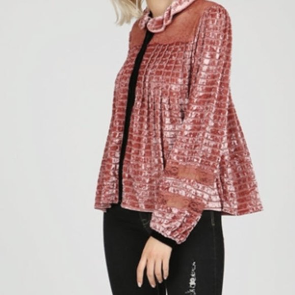 Classy Pink Velvet and Lace Tuxedo Top - Picture 4 of 16